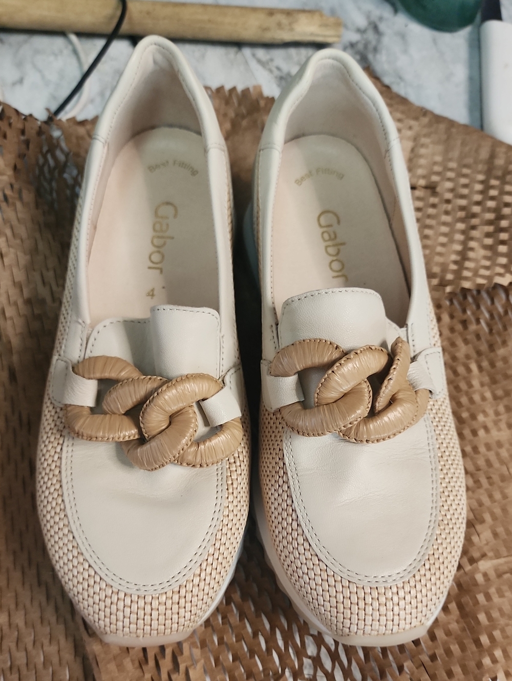 Gabor Cream Loafers with Tan Chain Accent